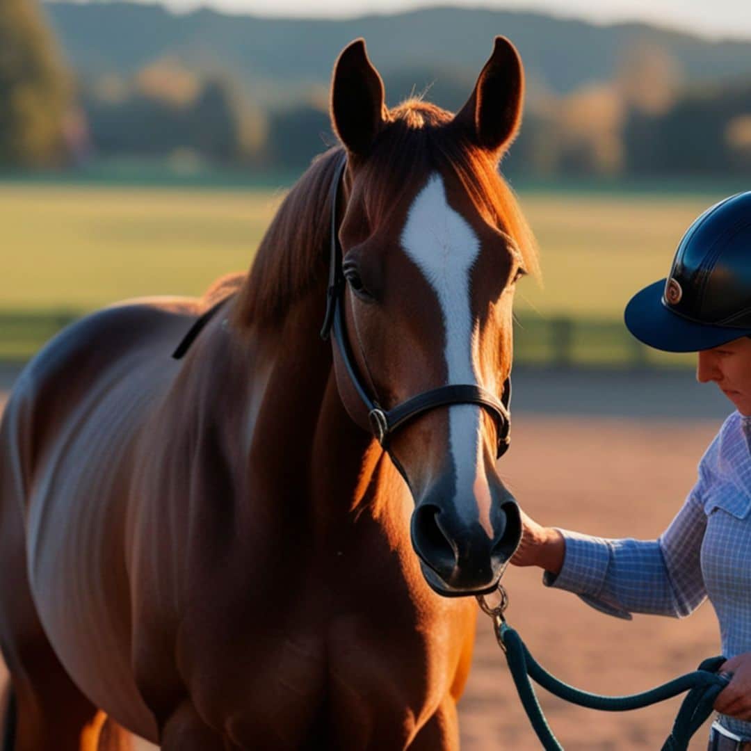 A horse stands in a grassy field surrounded by vibrant autumn trees